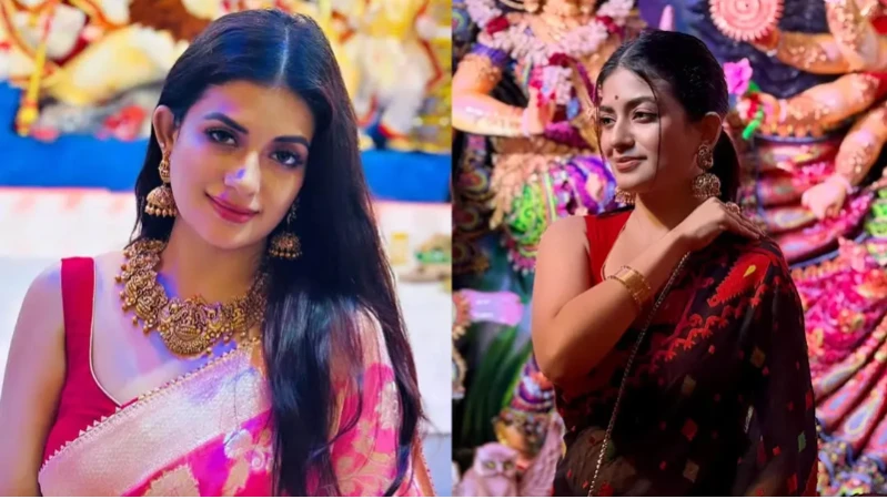 পূজার সাজে মন্দিরা, দিলেন সম্প্রীতির বার্তা